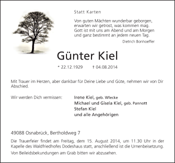 Traueranzeige von Günter Kiel von Neue Osnabrücker Zeitung GmbH & Co. KG