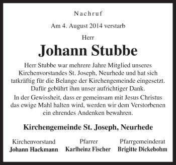 Traueranzeige von Johann Stubbe von Neue Osnabrücker Zeitung GmbH & Co. KG