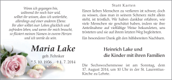 Traueranzeige von Maria Lake von Neue Osnabrücker Zeitung GmbH & Co. KG