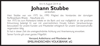 Traueranzeige von Johann Stubbe von Neue Osnabrücker Zeitung GmbH & Co. KG