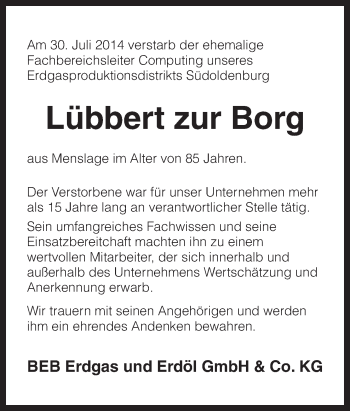 Traueranzeige von Lübbert  zur Borg von Neue Osnabrücker Zeitung GmbH & Co. KG