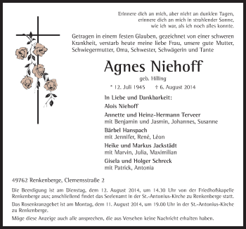 Traueranzeige von Agnes Niehoff von Neue Osnabrücker Zeitung GmbH & Co. KG