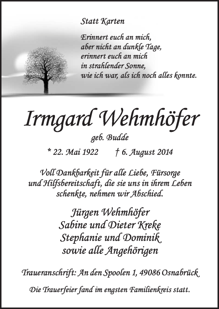  Traueranzeige für Irmgard Wehmhöfer vom 16.08.2014 aus Neue Osnabrücker Zeitung GmbH & Co. KG