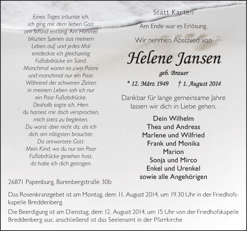  Traueranzeige für Helene Jansen vom 09.08.2014 aus Neue Osnabrücker Zeitung GmbH & Co. KG