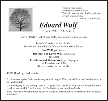 Traueranzeige von Eduard Wulf von Neue Osnabrücker Zeitung GmbH & Co. KG