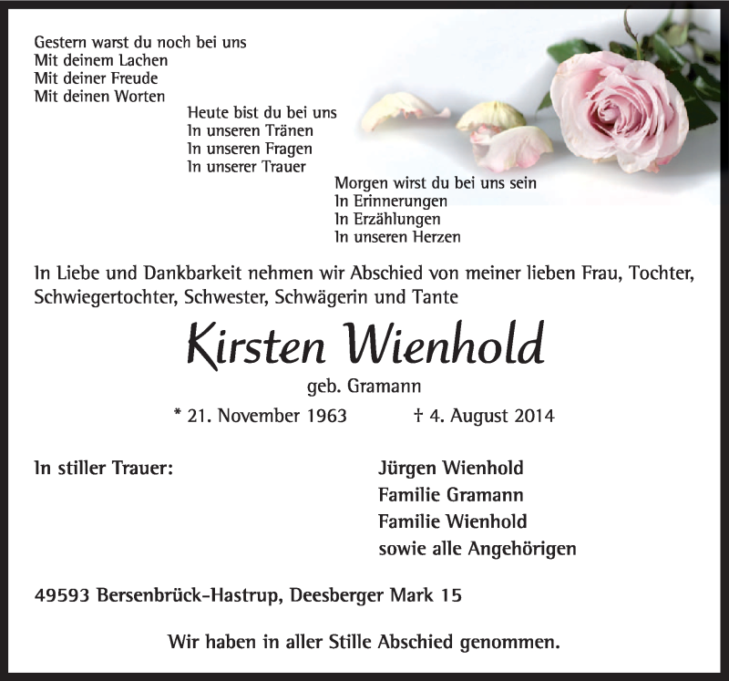  Traueranzeige für Kirsten Wienhold vom 09.08.2014 aus Neue Osnabrücker Zeitung GmbH & Co. KG