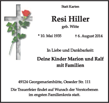 Traueranzeige von Resi Hiller von Neue Osnabrücker Zeitung GmbH & Co. KG