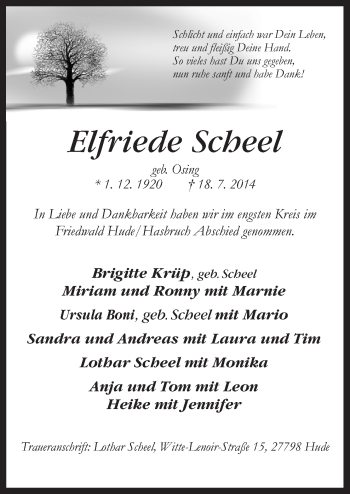Traueranzeige von Elfriede Scheel von Neue Osnabrücker Zeitung GmbH & Co. KG