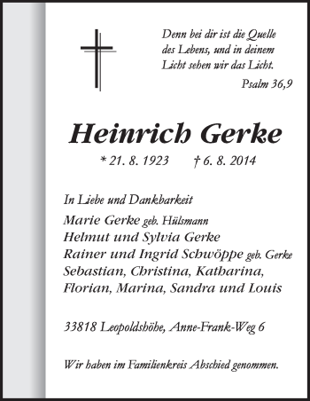Traueranzeige von Heinrich Gerke von Neue Osnabrücker Zeitung GmbH & Co. KG