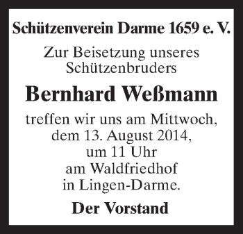 Traueranzeige von Bernhard Weßmann von Neue Osnabrücker Zeitung GmbH & Co. KG