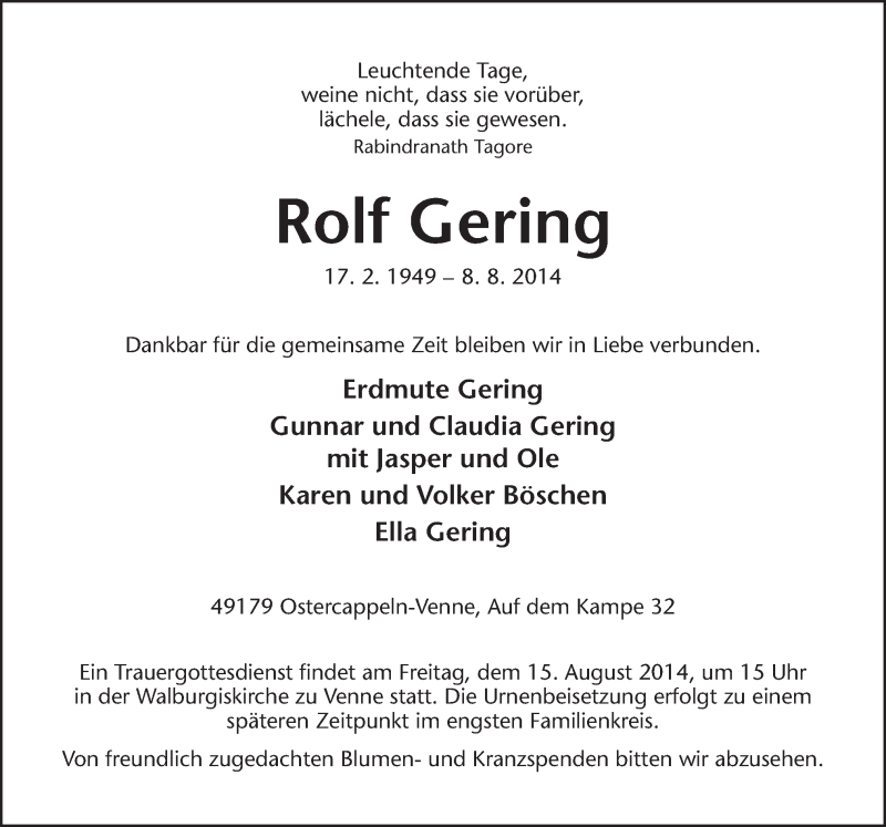  Traueranzeige für Rolf Gering vom 11.08.2014 aus Neue Osnabrücker Zeitung GmbH & Co. KG