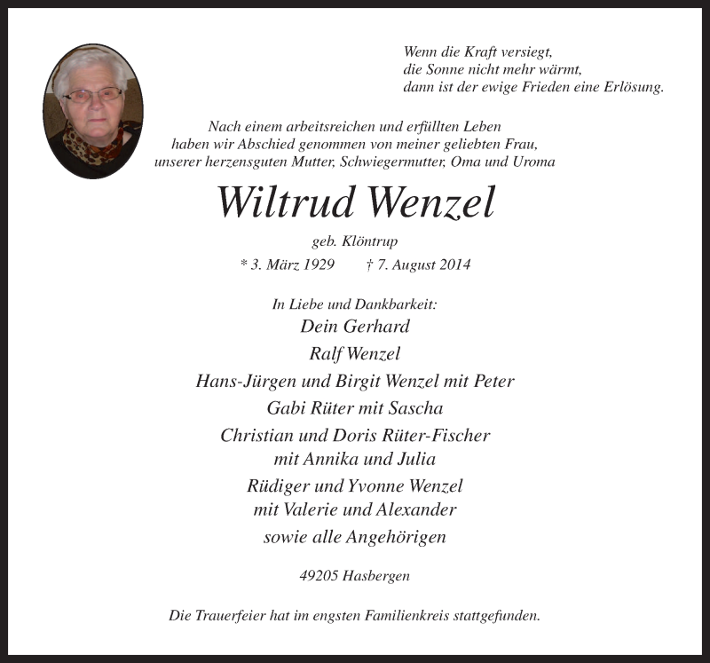  Traueranzeige für Wiltrud Wenzel vom 16.08.2014 aus Neue Osnabrücker Zeitung GmbH & Co. KG