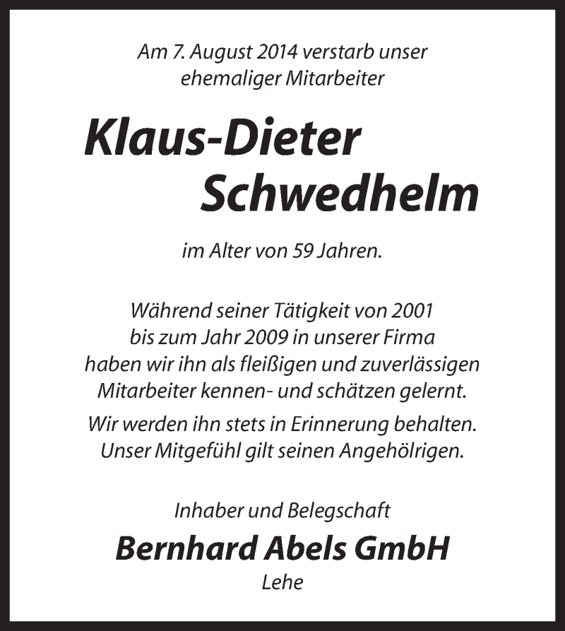  Traueranzeige für Klaus.Dieter Schwedhelm vom 13.08.2014 aus Neue Osnabrücker Zeitung GmbH & Co. KG