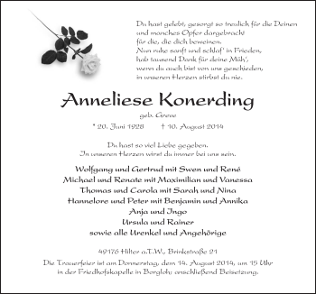 Traueranzeige von Anneliese Konerding von Neue Osnabrücker Zeitung GmbH & Co. KG