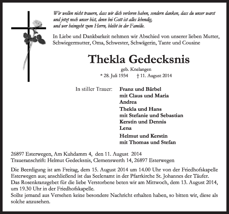  Traueranzeige für Thekla Gedecksnis vom 13.08.2014 aus Neue Osnabrücker Zeitung GmbH & Co. KG