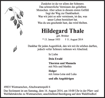 Traueranzeige von Hildegard Thale von Neue Osnabrücker Zeitung GmbH & Co. KG