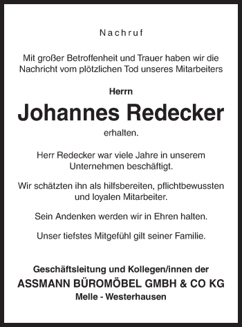 Traueranzeige von Johannes Redecker von Neue Osnabrücker Zeitung GmbH & Co. KG