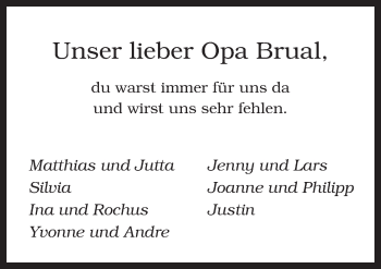 Traueranzeige von Opa Brual  von Neue Osnabrücker Zeitung GmbH & Co. KG