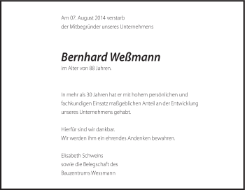 Traueranzeige von Bernhard Weßmann von Neue Osnabrücker Zeitung GmbH & Co. KG