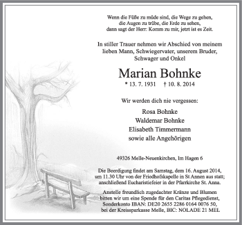 Traueranzeige von Marian Bohnke von Neue Osnabrücker Zeitung GmbH & Co. KG