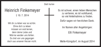 Traueranzeige von Heinrich Finkemeyer von Neue Osnabrücker Zeitung GmbH & Co. KG