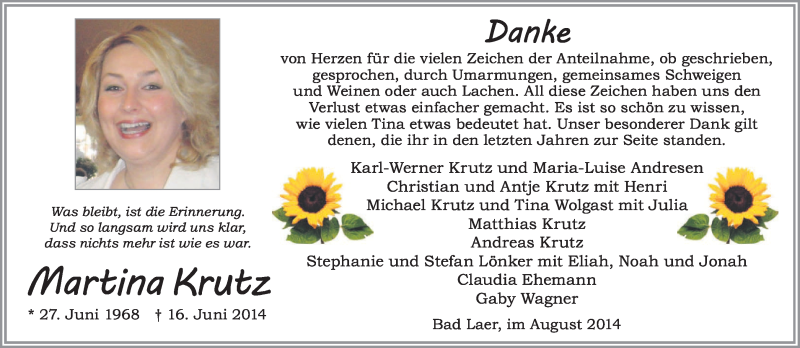  Traueranzeige für Martina Krutz vom 16.08.2014 aus Neue Osnabrücker Zeitung GmbH & Co. KG