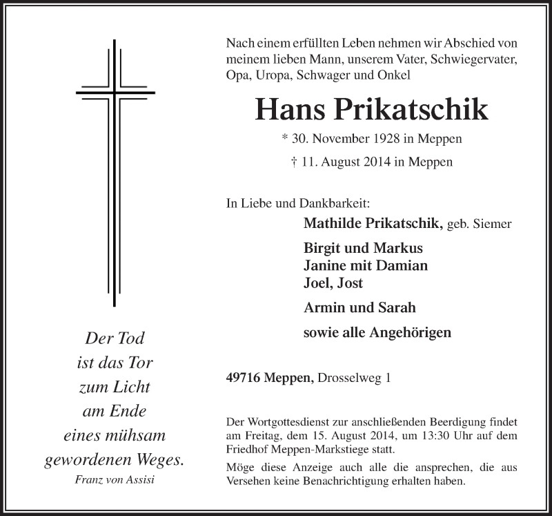  Traueranzeige für Hans Prikatschik vom 14.08.2014 aus Neue Osnabrücker Zeitung GmbH & Co. KG