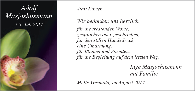  Traueranzeige für Adolf Masjoshusmann vom 16.08.2014 aus Neue Osnabrücker Zeitung GmbH & Co. KG