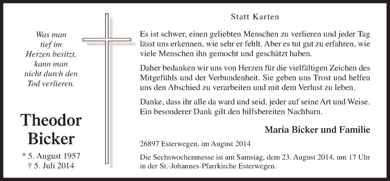  Traueranzeige für Theodor Bicker vom 21.08.2014 aus Neue Osnabrücker Zeitung GmbH & Co. KG