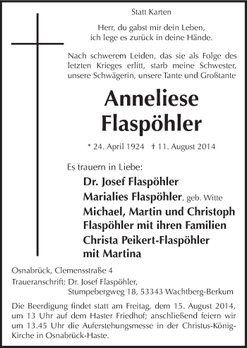 Traueranzeige von Anneliese Flaspöhler von Neue Osnabrücker Zeitung GmbH & Co. KG