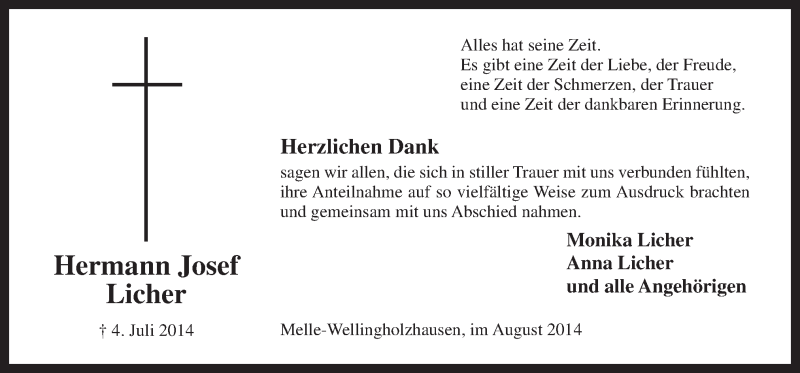  Traueranzeige für Hermann Josef Licher vom 16.08.2014 aus Neue Osnabrücker Zeitung GmbH & Co. KG