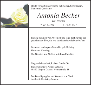 Traueranzeige von Antonia Becker von Neue Osnabrücker Zeitung GmbH & Co. KG