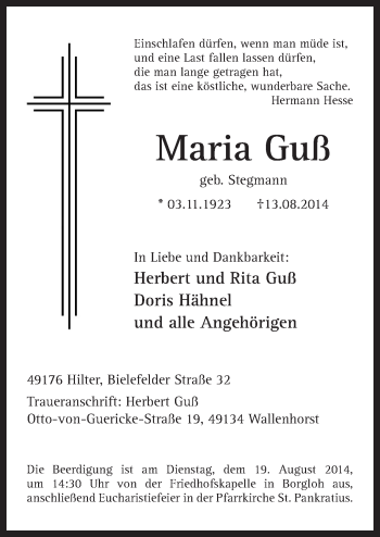 Traueranzeige von Maria Guß von Neue Osnabrücker Zeitung GmbH & Co. KG