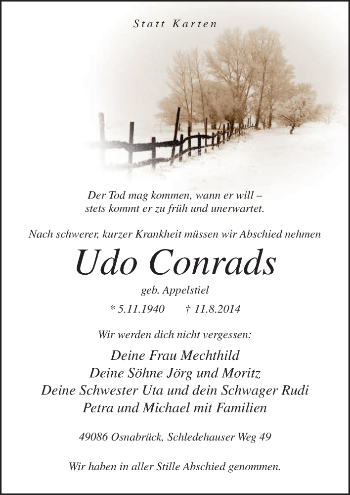  Traueranzeige für Udo Conrads vom 18.08.2014 aus Neue Osnabrücker Zeitung GmbH & Co. KG