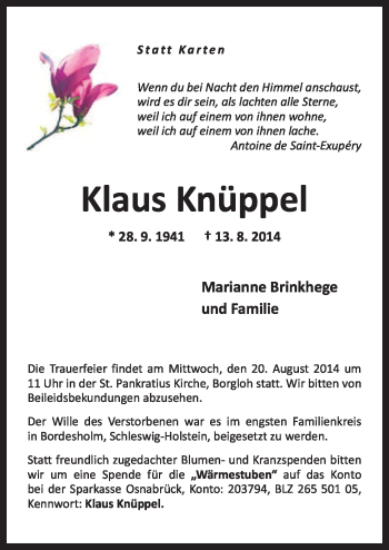 Traueranzeige von Klaus Knüppel von Neue Osnabrücker Zeitung GmbH & Co. KG