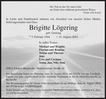 Traueranzeige von Brigitte Lögeing von Neue Osnabrücker Zeitung GmbH & Co. KG