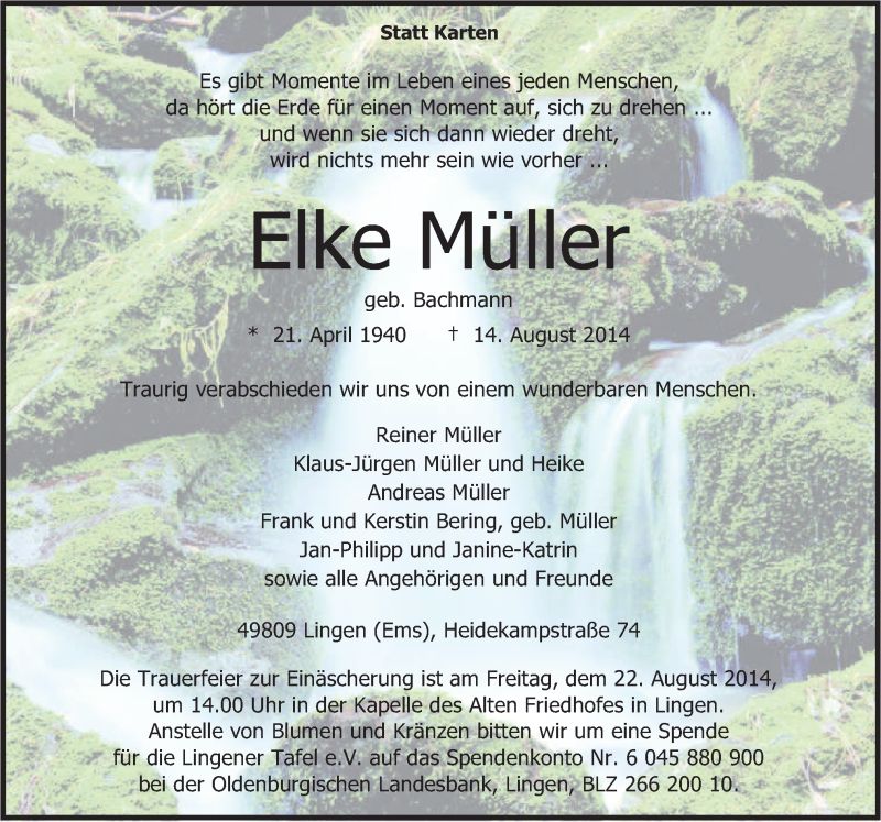  Traueranzeige für Elke Müller vom 18.08.2014 aus Neue Osnabrücker Zeitung GmbH & Co. KG
