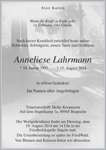 Traueranzeige von Anneliese Lahrmann von Neue Osnabrücker Zeitung GmbH & Co. KG