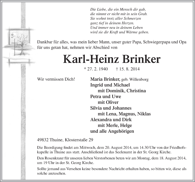  Traueranzeige für Karl-Heinz Brinker vom 18.08.2014 aus Neue Osnabrücker Zeitung GmbH & Co. KG