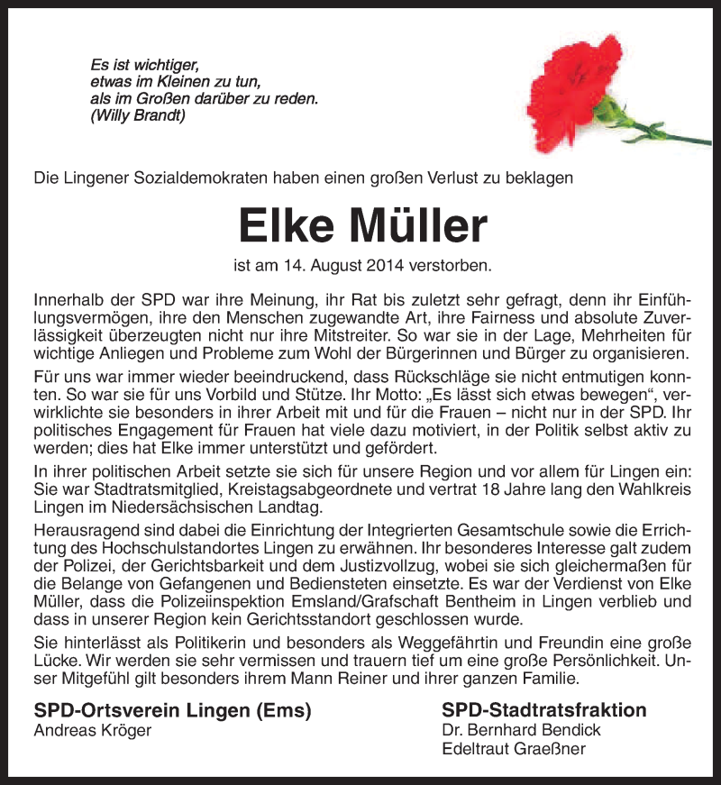  Traueranzeige für Elke Müller vom 19.08.2014 aus Neue Osnabrücker Zeitung GmbH & Co. KG
