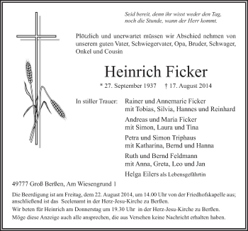 Traueranzeige von Heinrich Ficker von Neue Osnabrücker Zeitung GmbH & Co. KG