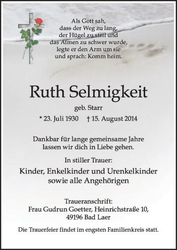 Traueranzeige von Ruth Selmigkeit von Neue Osnabrücker Zeitung GmbH & Co. KG