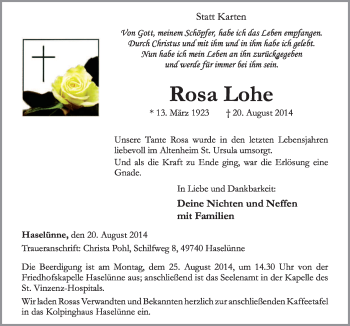 Traueranzeige von Rosa Lohe von Neue Osnabrücker Zeitung GmbH & Co. KG