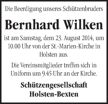 Traueranzeige von Bernhard Wilken von Neue Osnabrücker Zeitung GmbH & Co. KG