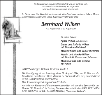 Traueranzeige von Bernhard Wilken von Neue Osnabrücker Zeitung GmbH & Co. KG