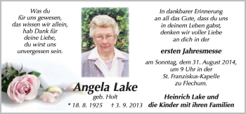 Traueranzeige von Angela Lake von Neue Osnabrücker Zeitung GmbH & Co. KG