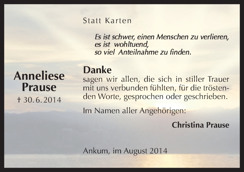  Traueranzeige für Anneliese Prause vom 23.08.2014 aus Neue Osnabrücker Zeitung GmbH & Co. KG