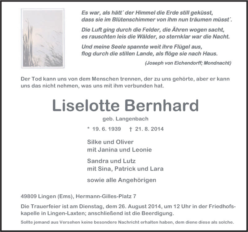  Traueranzeige für Liselotte Bernhard vom 23.08.2014 aus Neue Osnabrücker Zeitung GmbH & Co. KG