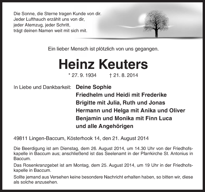  Traueranzeige für Heinz Keuters vom 23.08.2014 aus Neue Osnabrücker Zeitung GmbH & Co. KG