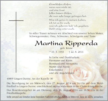 Traueranzeige von Martina Ripperda von Neue Osnabrücker Zeitung GmbH & Co. KG